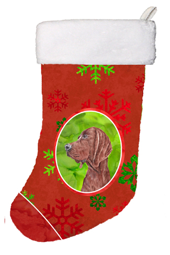 Redbone Coonhound Red Snowflakes Holiday Christmas Stocking- - 11 x 8 In.