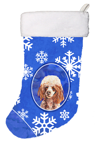 Red Miniature Poodle Winter Snowflakes Christmas Stocking - 11 x 8 In.