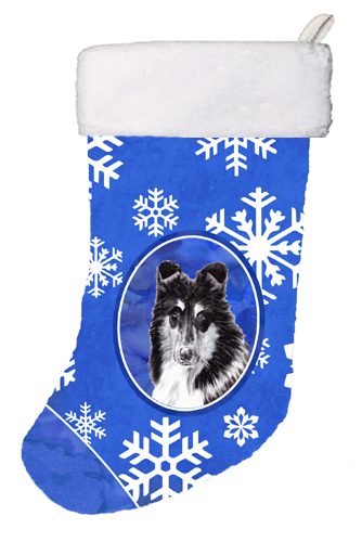 Black And White Collie Winter Snowflakes Christmas Stocking- 11 x 8 In.