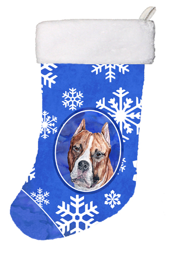 Staffordshire Bull Terrier Staffie Winter Snowflakes Christmas Stocking- - 11 x 8 In.