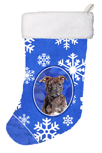 Staffordshire Bull Terrier Staffie Winter Snowflakes Christmas Stocking- - 11 x 8 In.