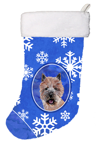 Norwich Terrier Winter Snowflakes Christmas Stocking- - 11 x 8 In.