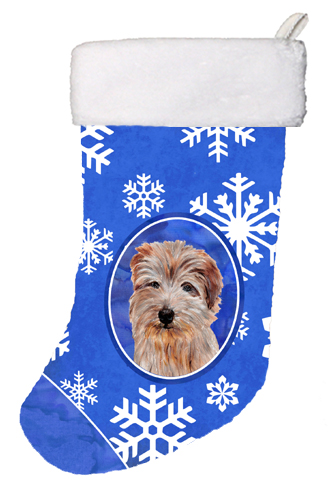 Norfolk Terrier Winter Snowflakes Christmas Stocking- - 11 x 8 In.