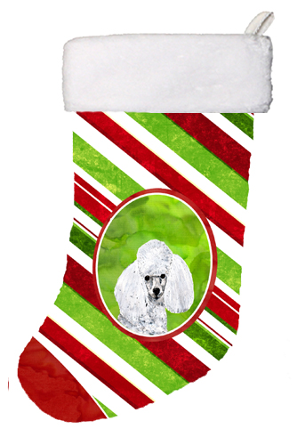 White Toy Poodle Candy Cane Christmas Christmas Stocking- 11 x 8 In.