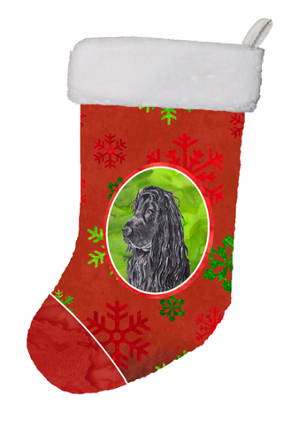 SC9583-CS Black Cocker Spaniel Red Snowflakes Holiday Christmas Stocking- 11 x 8 In.