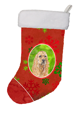 Buff Cocker Spaniel Red Snowflakes Holiday Christmas Stocking- - 11 x 8 In.