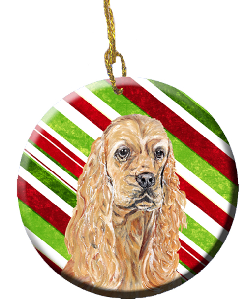 SC9612CO1 Buff Cocker Spaniel Candy Cane Christmas Ceramic Ornament