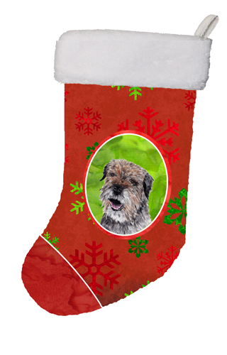 Border Terrier Red Snowflakes Holiday Christmas Stocking- 11 x 8 In.