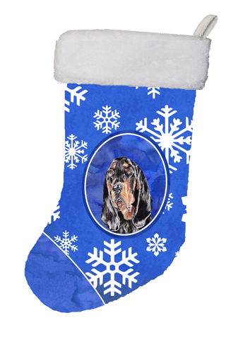 SC9595-CS Black And Tan Coonhound Winter Snowflakes Christmas Stocking- 11 x 8 In.