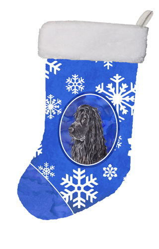 Black Cocker Spaniel Winter Snowflakes Christmas Stocking- 11 x 8 In.