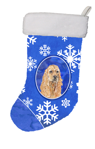 Buff Cocker Spaniel Winter Snowflakes Christmas Stocking- - 11 x 8 In.