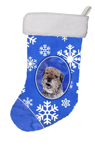 Border Terrier Winter Snowflakes Christmas Stocking- 11 x 8 In.