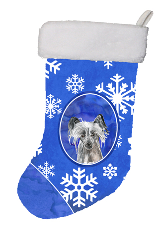 11 x 8 In. Chinese Crested Winter Snowflakes Christmas Stocking