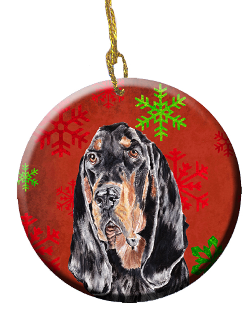 Black and Tan Coonhound Red Snowflakes Holiday Ceramic Ornament, 2.81 Dia