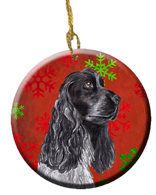 Black Cocker Spaniel Red Snowflakes Holiday Ceramic Ornament, 2.81 Dia