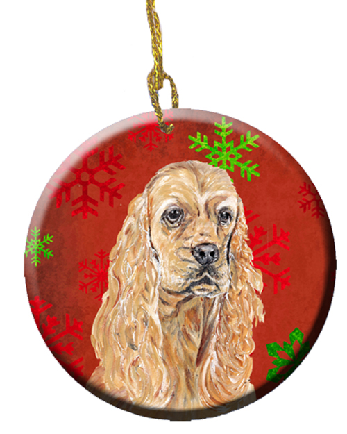 Buff Cocker Spaniel Red Snowflakes Holiday Ceramic Ornament, 2.81 Dia