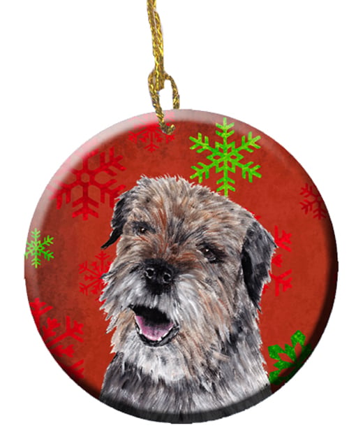Border Terrier Red Snowflakes Holiday Ceramic Ornament, 2.81 Dia