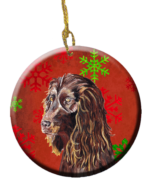 Boykin Spaniel Red Snowflakes Holiday Ceramic Ornament- 2.81 Dia