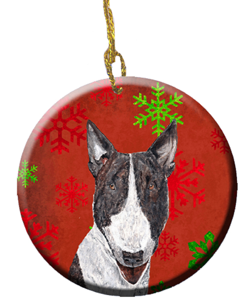 Bull Terrier Red Snowflakes Holiday Ceramic Ornament, 2.81 Dia