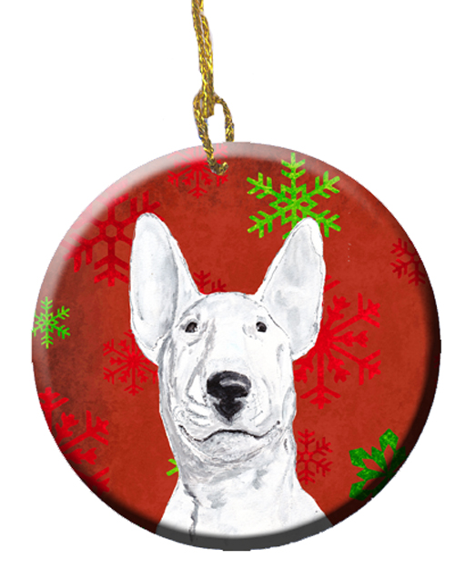 Bull Terrier Red Snowflakes Holiday Ceramic Ornament, 2.81 Dia
