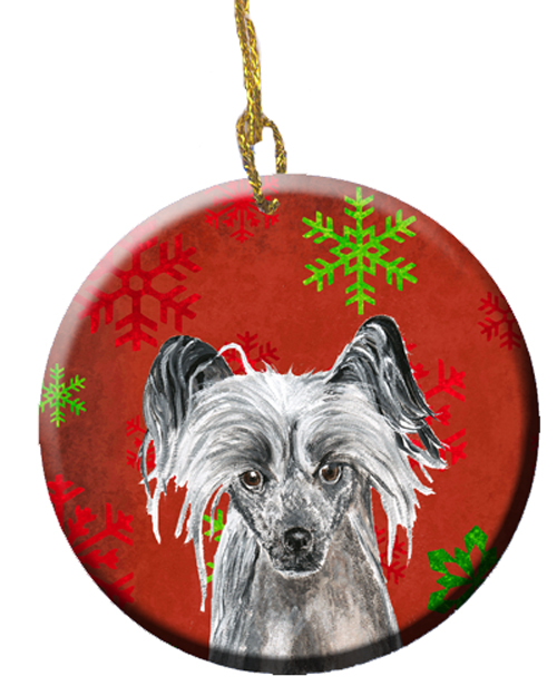 Chinese Crested Red Snowflakes Holiday Ceramic Ornament, 2.81 Dia