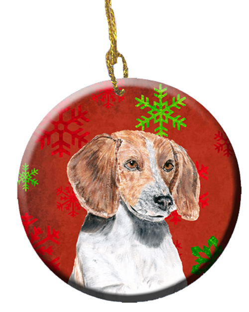 English Foxhound Red Snowflakes Holiday Ceramic Ornament, 2.81 Dia