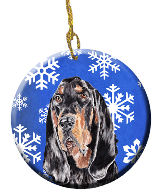Black and Tan Coonhound Winter Snowflakes Ceramic Ornament, 2.81 Dia
