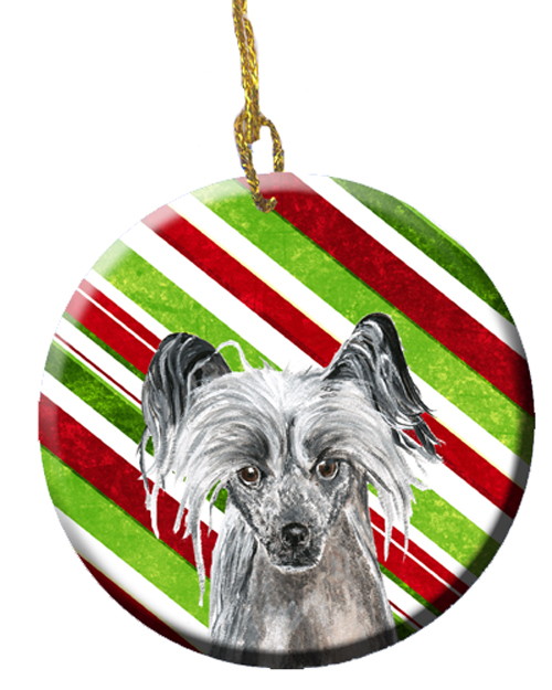Chinese Crested Candy Cane Christmas Ceramic Ornament, 2.81 Dia