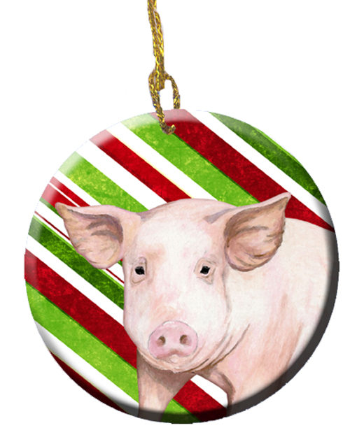 Pig Candy Cane Holiday Christmas Ceramic Ornament, 2.81 Dia