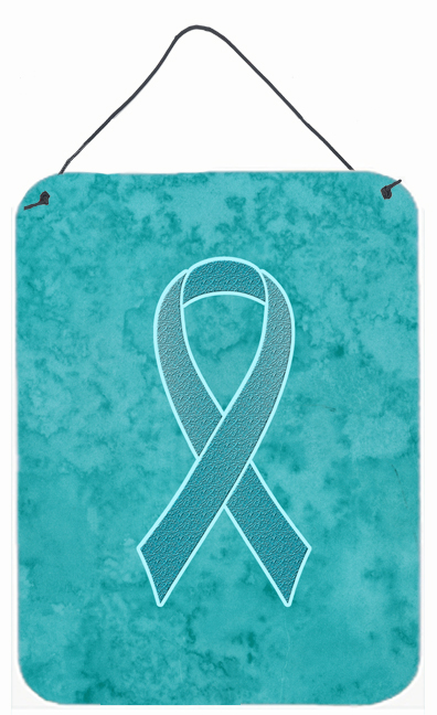 AN1201DS1216 Teal Ribbon for Ovarian Cancer Awareness Aluminium Metal Wall or Door Hanging Prints- 12 x 6 In.