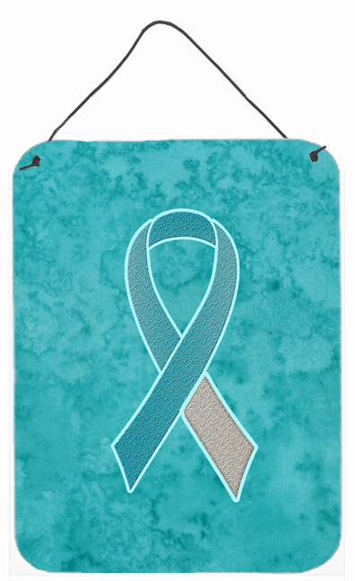 AN1215DS1216 Teal and White Ribbon for Cervical Cancer Awareness Aluminium Metal Wall or Door Hanging Prints- 12 x 6 In.