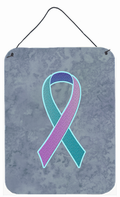 AN1217DS1216 Teal- Pink and Blue Ribbon for Thyroid Cancer Awareness Aluminium Metal Wall or Door Hanging Prints- 12 x 6 In.