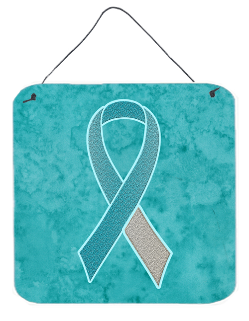 Teal and White Ribbon for Cervical Cancer Awareness Aluminium Metal Wall or Door Hanging Prints, 6 x 6 In.