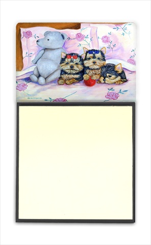 Yorkie Puppies three in a row Refiillable Sticky Note Holder or Postit Note Dispenser, 3 x 3 In.