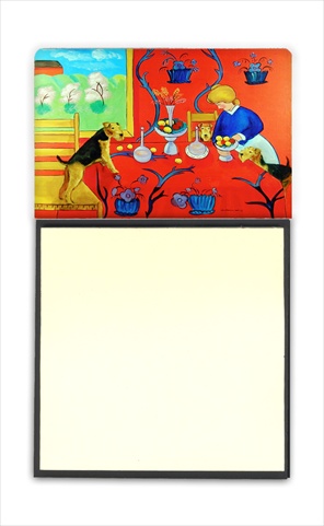 Airedale Terrier with lady in the kitchen Refiillable Sticky Note Holder or Postit Note Dispenser, 3 x 3 In.