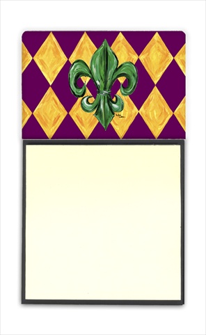 Mardi Gras Fleur de lis Purple Green and Gold Refiillable Sticky Note Holder or Postit Note Dispenser- 3 x 3 In.