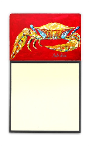 Crab Blue on Red, Sr Refiillable Sticky Note Holder or Postit Note Dispenser, 3 x 3 In.
