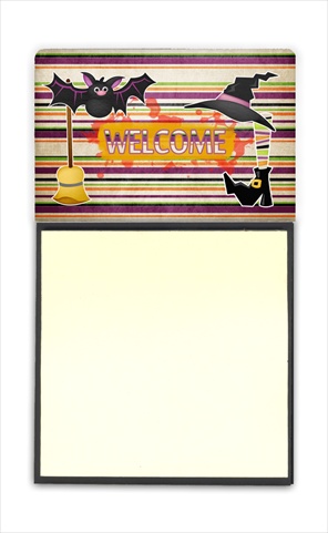 Witch Costume and Broom on Stripes Halloween Refiillable Sticky Note Holder or Postit Note Dispenser, 3 x 3 In.