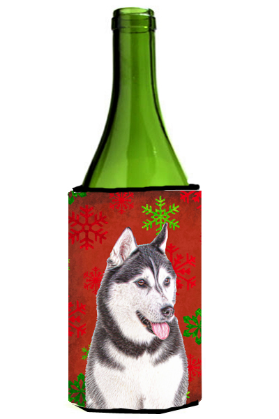 Picture of Carolines Treasures KJ1182LITERK Red Snowflakes Holiday Christmas Alaskan Malamute Wine bottle sleeve Hugger
