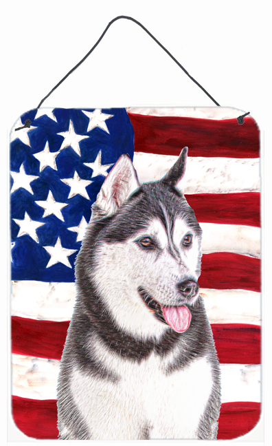 KJ1154DS1216 USA American Flag with Alaskan Malamute Aluminium Metal Wall or Door Hanging Prints
