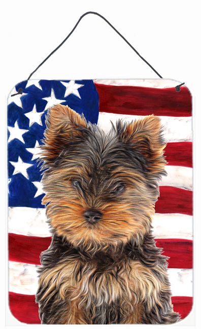 KJ1160DS1216 USA American Flag with Yorkie Puppy & Yorkshire Terrier Aluminium Metal Wall or Door Hanging Prints