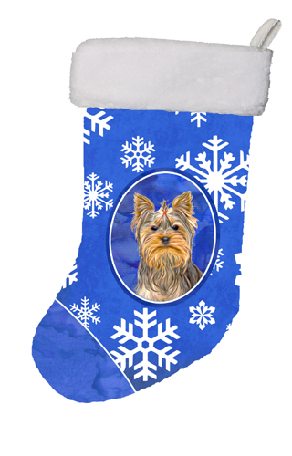 KJ1177CS Winter Snowflakes Holiday Yorkie And Yorkshire Terrier Christmas Stocking