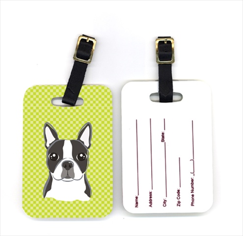 BB1139BT Pair of Lime Checkered Boston Terrier Luggage Tags