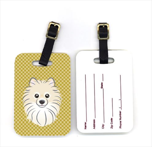 BB1135BT Pair of Tan Checkered Pomeranian Luggage Tags