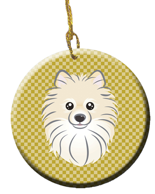 Tan Checkered Pomeranian Ceramic Ornament