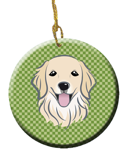 Green Checkered Golden Retriever Ceramic Ornament