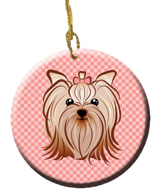 Pink Checkered Yorkie And Yorkshire Terrier Ceramic Ornament