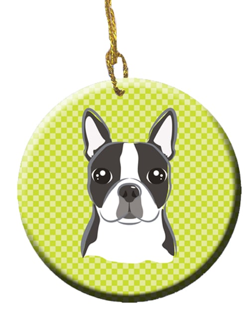 BB1139CO1 Lime Checkered Boston Terrier Ceramic Ornament