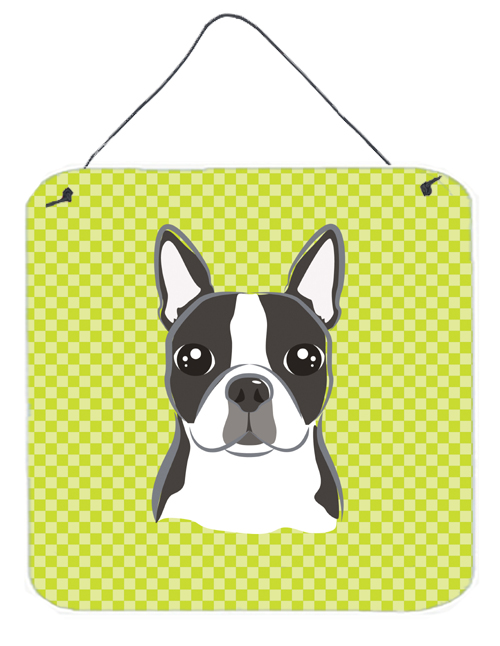 Lime Checkered Boston Terrier Aluminium Metal Wall or Door Hanging Prints
