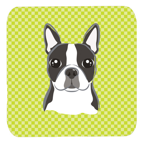 Lime Checkered Boston Terrier Foam Coasters Set Of 4
